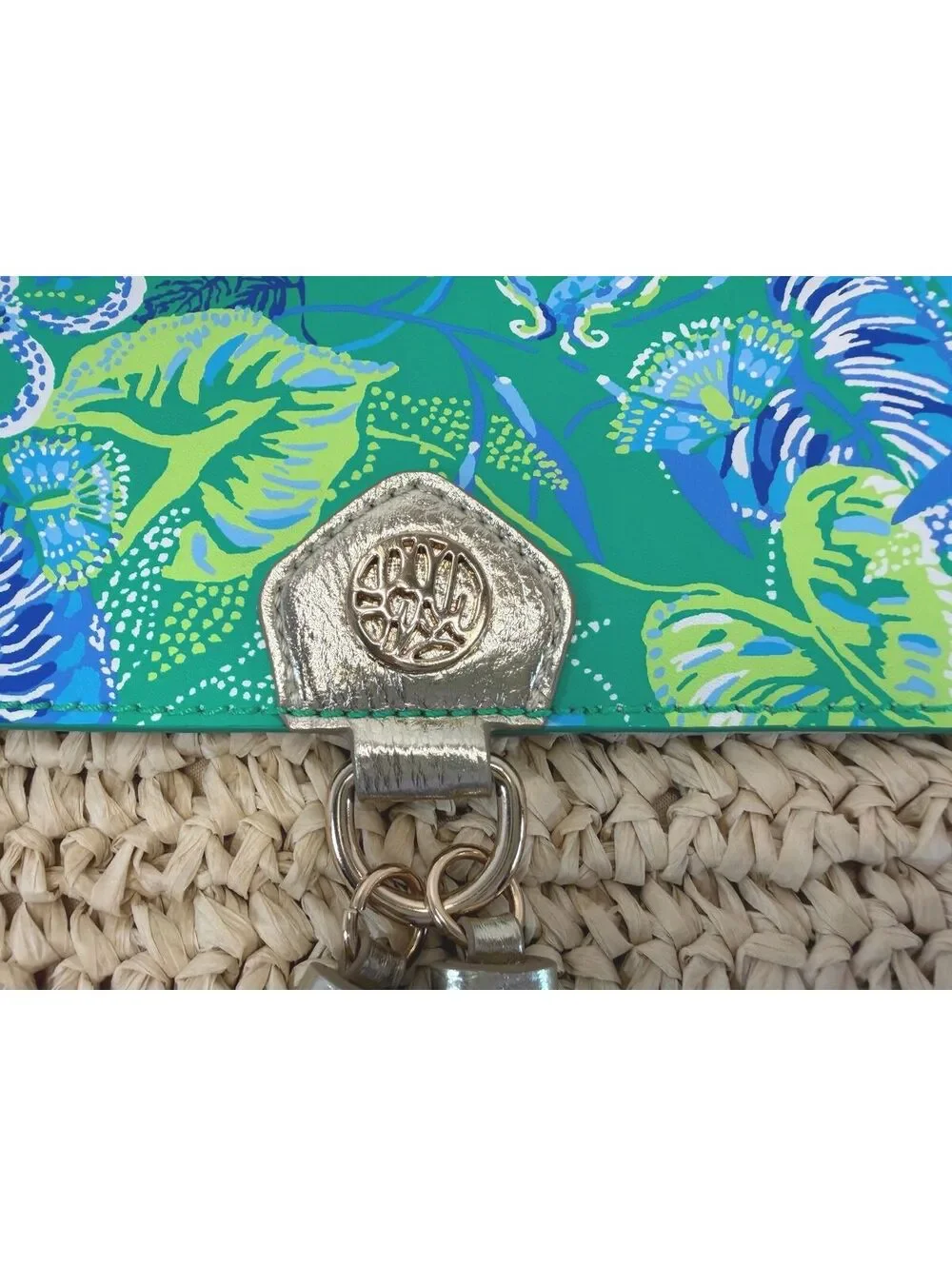Lilly Pulitzer | Woven Straw Floral Leather Crossbody Bag | Gold Tassels